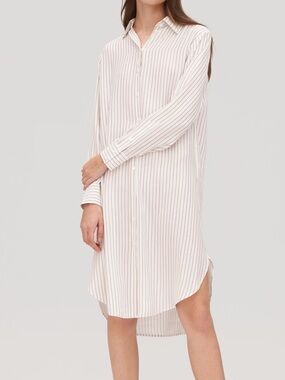 LILYSILK 100% mulberry silk PinStripe freesia Shirt Dress brown cream like new S